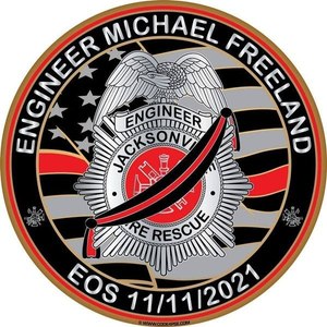 Jacksonville Association of Fire Fighters President Randy Wyse posted this End of Service badge on Facebook for Jacksonville Fire and Rescue Engineer Michael Freeland following his death Thursday.