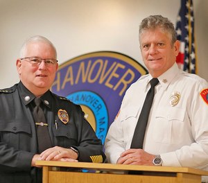 Hanover police Chief Walter Sweeney (left) and fire Chief Jeff Blanchard are lifelong friends and will retire at the same time after 43 years of service.