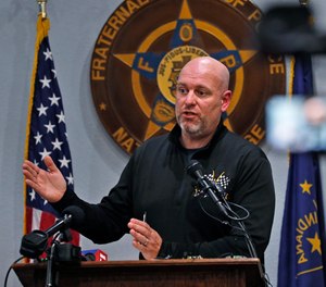 FOP President Rick Snyder speaks during a press conference Wednesday, Dec. 1, 2021 at the Fraternal Order of Police, Lodge #86 headquarters in Indianapolis.