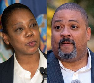 Police Commissioner Keechant Sewell, left, and Manhattan DA Alvin Bragg.