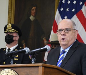 Maryland Gov. Larry Hogan holds a news conference at the State House in Annapolis on Monday, Jan. 10, 2022 to discuss his proposals for reducing crime that he hopes the Maryland General Assembly will pass during the upcoming legislative session.