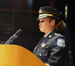 Police Commissioner Danielle Outlaw speaks at a Philadelphia Police promotion ceremony in December 2021.