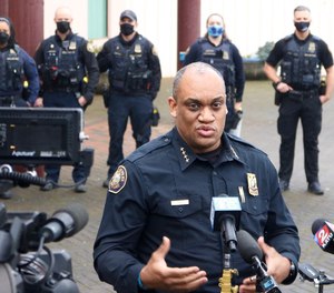Portland Police Chief Chuck Lovell addresses the press on the first day of patrols for the new Focused Intervention Team on Wednesday, Jan. 19, 2022.