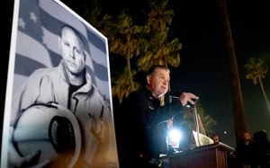 Chief Anthony Marrone of the Los Angeles County Fire Department spoke during a candlelight vigil for Firefighter Jonathan Flagler at Ole Hanson Beach Club in San Clemente on Jan. 10.