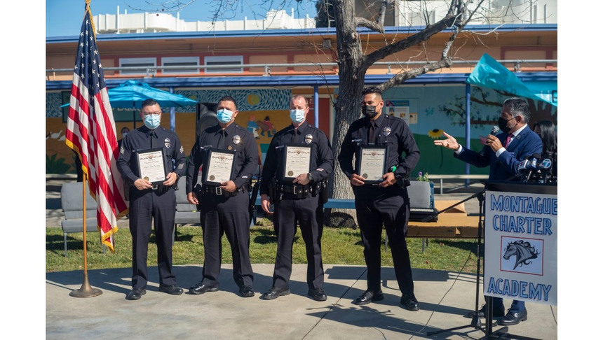 Congressman Tony Cárdenas honored (from left to right) LAPD Sergeant Joseph Cavestany, Officer Christopher Aboyte, Officer Robert Sherock and Officer Damien Castro on Wednesday, Jan 26, 2022. The police officers were recognized for pulling an injured man from a plane that crashed on railroad tracks just moments before a train collided with the plane.