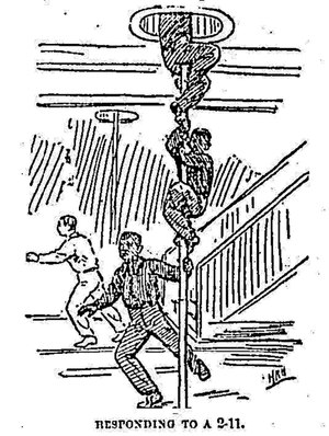 A drawing shows Engine 21 responding to a call using the recently invented fire pole. The image was published in the March 11, 1888, Chicago Tribune.