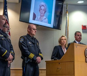 Sacramento District Attorney Anne Marie Schubert talks about a 34-year-old cold case at the Galt Police Department on Tuesday. Lucille Hultgren, visible in the photo above Schubert, was killed in 1988.