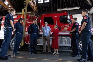 Steve and Annette Cline shook hands and posed for pictures with the firefighters, paramedics, EMTs and a dispatcher Wednesday inside the San Diego Fire-Rescue Department's Station 14.