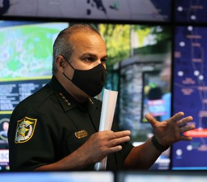 Sheriff Marcos R. López talks to the media during a tour of the new Real-Time Crime Center, on Wednesday, September 22, 2021.