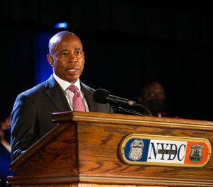 Mayor Eric Adams speaks during a press conference on Rikers Island.