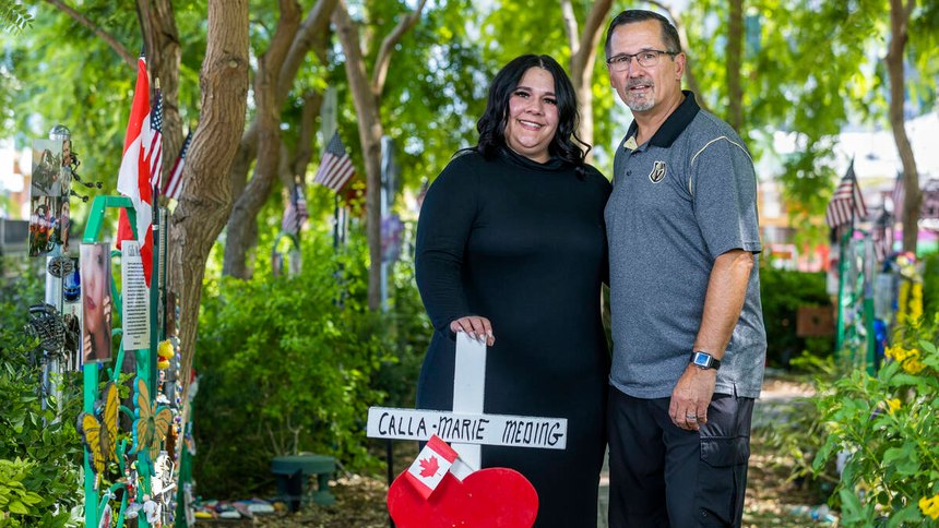 Retired Metropolitan Police Department Detective Rick Golgart and his daughter Rylie at the Las Vegas Community Healing Garden on Saturday, Sept. 24, 2022. They were at the Route 91 Harvest festival on Oct. 1, 2017, when a gunman opened fire from his suite at Mandalay Bay. Rylie Golgart was shot in the back.