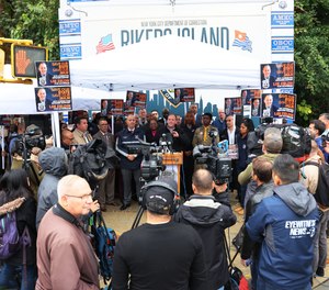 New York Republican gubernatorial nominee Rep. Lee Zeldin speaks during a press conference at the entrance to the Rikers Island jail on October 24, 2022.
