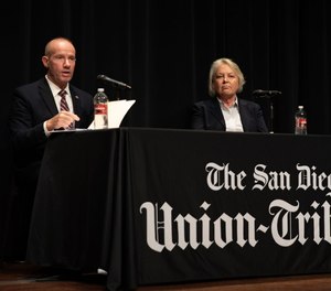 Sheriff candidates John Hemmerling and Kelly Martinez participate in a forum hosted by The San Diego Union-Tribune Opinion at the San Diego Central Library on Oct. 25, 2022.