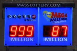 A lottery sign indicating the totals as of 7 p.m. October 30, 2022 in Salem, Massachusetts.