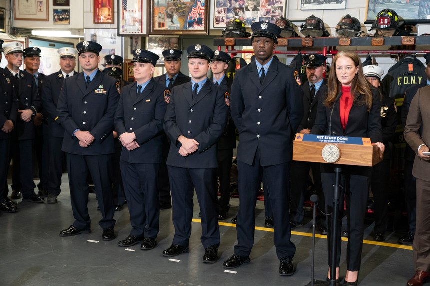From left, FDNY firefighters Darren Harsch, Adam Nordenschild, Artur Podgorski, and Belvon Koranteng, stand beside FDNY Commissioner Laura Laura Kavanagh as she speaks at Engine Company 39, and Ladder Company 16.
