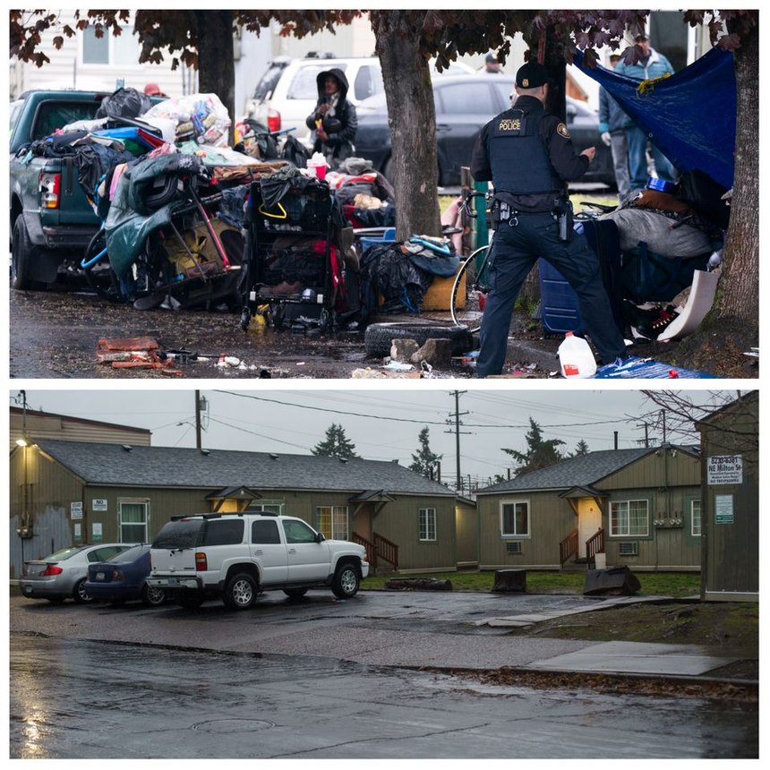 Side-by-side comparison views of the 8200 block of Northeast Milton, compiled with photos captured in June and then in December, show the stark contrast in the area.