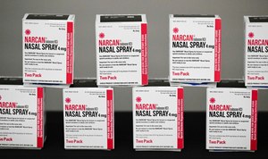 Narcan was on display at a county news conference held to announce the free distribution of Harm Reduction Kits on Jan. 23 in San Diego. The FDA approved over-the-counter sales of four-milligram doses of Narcan, but when the medication will be in stores in not clear.