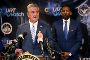 Interim Atlanta Police Foundation President and CEO Dave Wilkinson speaks at a press conference at the Fulton County courthouse Monday, June 13, 2022, in Atlanta. Also pictured is Atlanta mayor Andre Dickens, right.