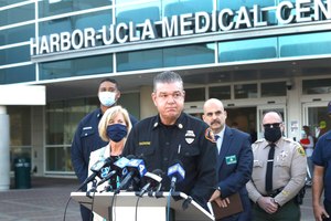 Interim L.A. County Fire Chief Anthony Marrone addressed the media after a firefighter was killed while fighting a fire in Rancho Palos Verdes on Jan. 6, 2021.