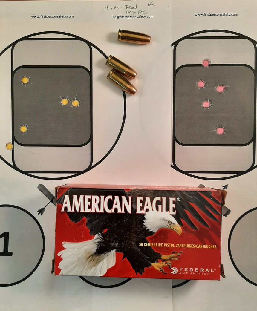 The author shot the pistol better after installing an optic. Irons sights on the left, optic at right; standing from 15 yards. Federal AE 147 TMJ.
