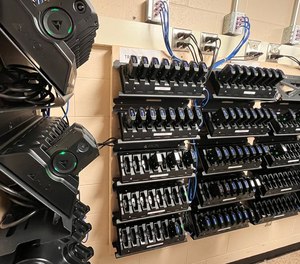 One of multiple charging stations for body cameras used by the Worcester Police Department.