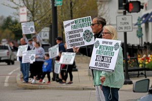 Westwood firefighters and their supporters took to the streets to protest the lack of a contract on April 29, 2023.