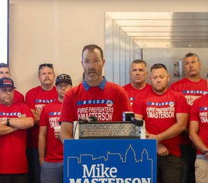 Boise Firefighters Local #149 President Jason Shuey speaks on the union's support of Mike Masterson, a former police chief, for Boise mayor.
