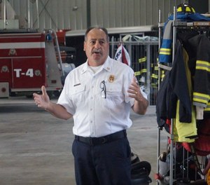 Gary Sacco was in Portland over the weekend for the public memorial service for Berwick fire Capt. Joel Barnes, who died in Berwick on March 1 while fighting a blaze in an apartment building. (Photo/Oxford Fire and Rescue)