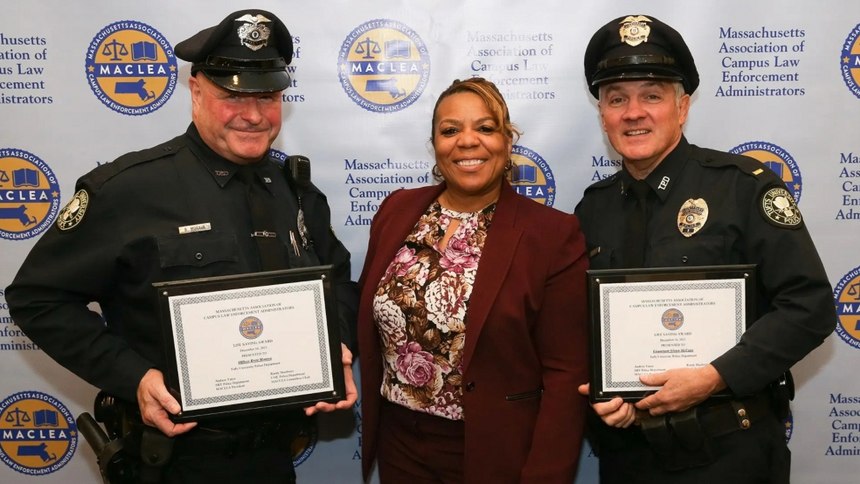 From left, Tufts University Police Officer Brett Morava, Yolanda Smith, executive director of public safety at Tufts, and Lt. Glenn McCune.