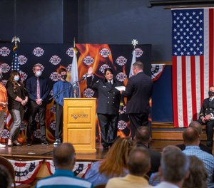 Michele Pankow was formally installed Wednesday as chief of the Rockford Fire Department, taking an oath of office during a celebration at Veteran's Memorial Hall in downtown Rockford.