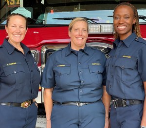For the first time in Fairfax County Fire Rescue history, all three captain positions at one station are staffed by women. Left to right: Capt. Katja Lancing; Capt. Emily Murphy; and Capt. Felicia Barnes.
