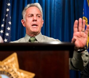 In this Oct. 9, 2017 file photo, Clark County Sheriff Joe Lombardo discusses the Route 91 Harvest festival mass shooting at the Las Vegas Metropolitan Police Department headquarters in Las Vegas. (Erik Verduzco/Las Vegas Review-Journal via AP, file)