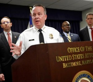 In this Wednesday, March 1, 2017, file photo, Baltimore Police Department Commissioner Kevin Davis speaks at a news conference in Baltimore to announce that seven Baltimore police officers who worked on a firearms crime task force are facing charges of stealing money, property and narcotics from people over two years.