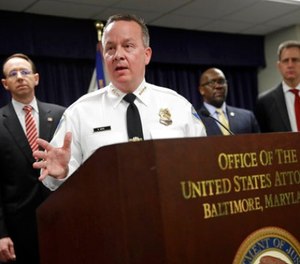 In this Wednesday, March 1, 2017, file photo, Baltimore Police Department Commissioner Kevin Davis speaks at a news conference in Baltimore to announce that seven Baltimore police officers who worked on a firearms crime task force are facing charges of stealing money, property and narcotics from people over two years.
