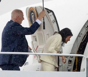 Director of Oval Office operations Keith Schiller and U.S. Ambassador to the UN Nikki Haley board Air Force One at Andrews Air Force Base, Md., Friday, July 28, 2017, to travel with President Donald Trump to Brentwood, N.Y. close to where the ultra-violent street gang MS-13 has committed a string of gruesome murders.