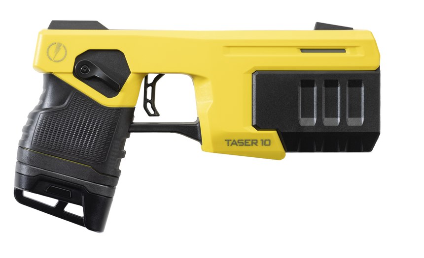 The TASER 10 uses only 1000 volts to allow for 10 probes in the same compact package as previous models and extend the effective range to 45 feet.