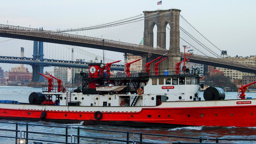 “Fire Fighter” served the FDNY from 1938 through 2010, fighting more than 50 major fires in her career, including the terrorist attacks on September 11, 2001. “Fire Fighter” is now operated by a volunteer group that preserves the fireboat as a museum ship.