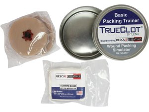 The TrueClot Basic Packing Trainer includes a piece of silicone “tissue” with a simulated gunshot wound and training-grade gauze.
