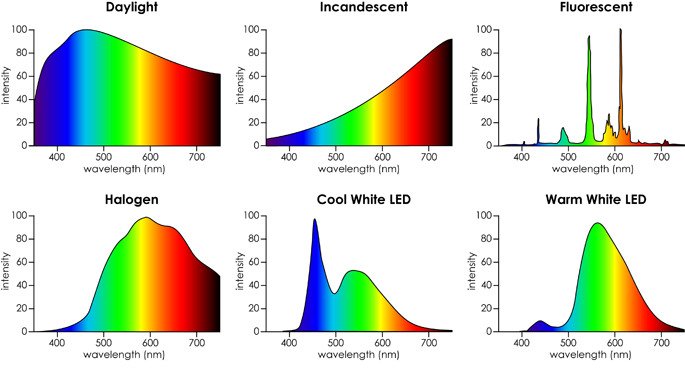 Different light sources have different spectra, changing the colors that we perceive. Note that fluorescent lights have several very steep peaks while halogen and LED have bumpy light curves.