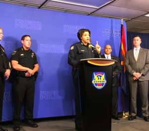 Phoenix Police Chief Jeri Williams speaks at a news conference about the linking of nine homicides to a convicted felon on Thursday, Jan. 18, 2018, in Phoenix, Ariz.