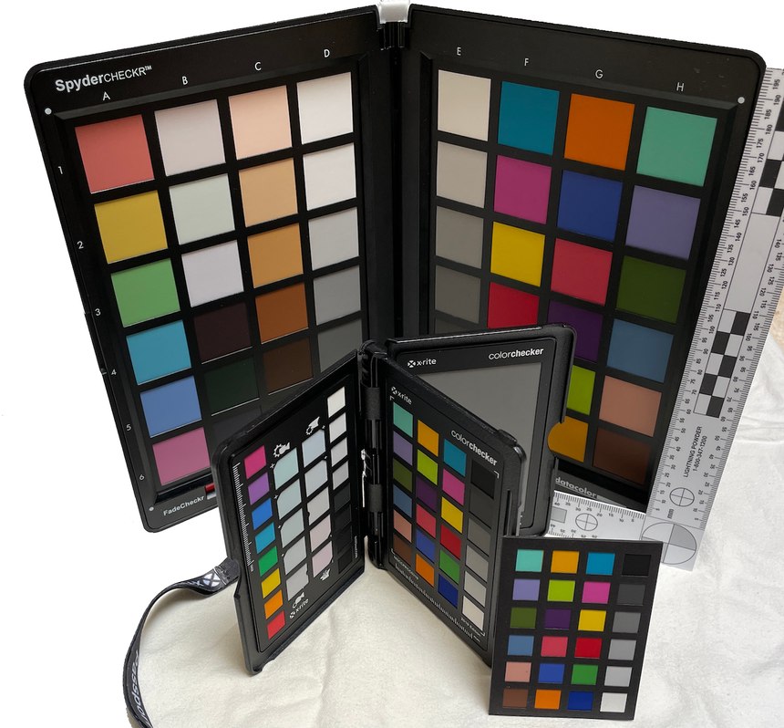 Several manufacturers make color reference panels in varied sizes. While the SpyderCHECKR has more color chips, the much smaller x-rite product has a lanyard for carrying around your neck for convenience.