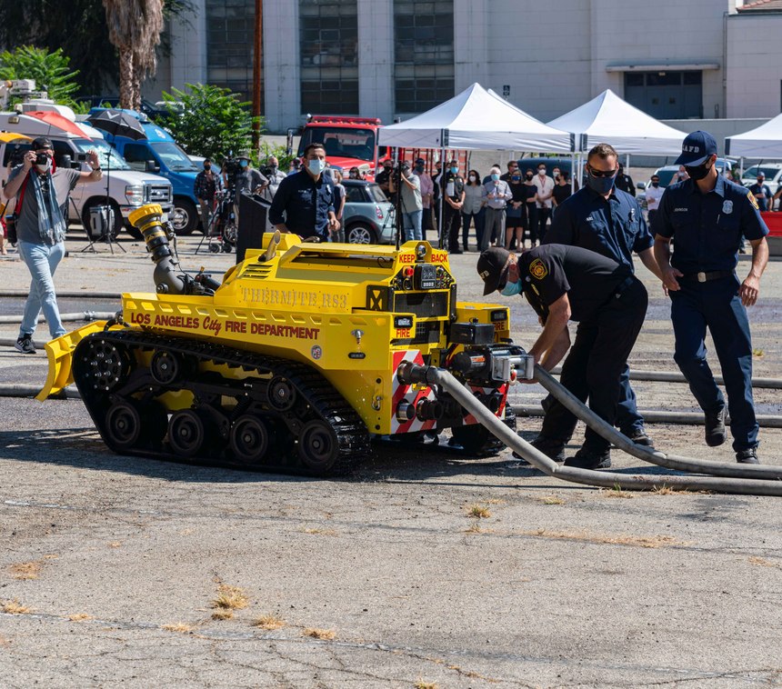 The Los Angeles Fire Department introduced its new firefighting robot at a press conference Tuesday. RS3 can blast 2,500 gallons of water or foam per minute and is designed to battle fires in areas too dangerous for firefighters. (LAFD Photo/Gary Apodaca)