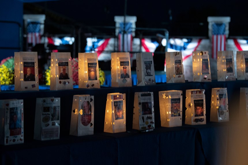 Each luminaria bag in front of the Memorial represents a fallen firefighter, each one personally decorated by their surviving family.