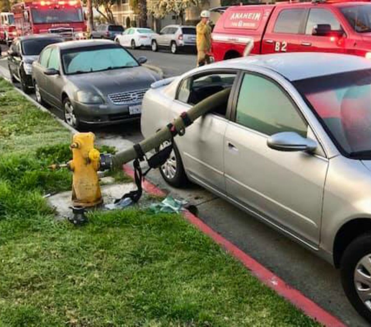 Calif. fire dept. defends viral photo of hose through car window