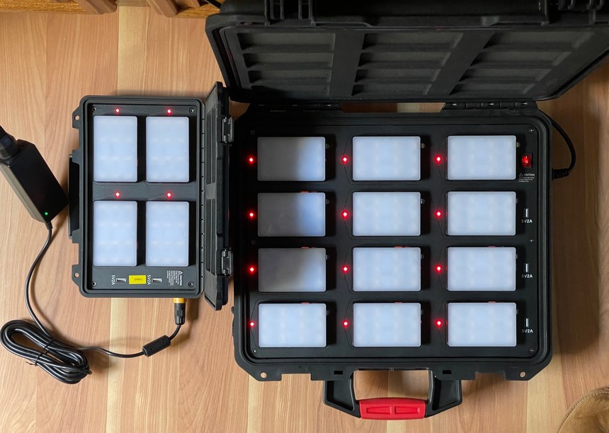 The LEDs turn green when a light is fully charged. If you don’t need to use all of the lights at the same time, you can rotate them through the charger.