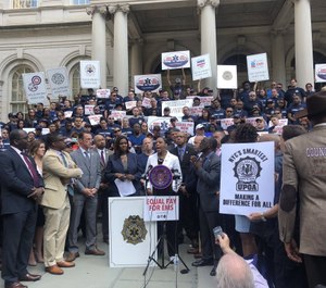 City records indicate that the starting annual salary for an FDNY EMT is approximately $35,000 and $48,000 for paramedics, while firefighters start at $45,000 and police officers at $42,000. (Photo/Equal Pay for EMS, Facebook)