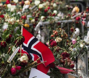 Flowers and Norwegian flags outside the court house where the killer was being tried on May 3, 2012 for the July 22, 2011 massacre.