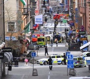 A view of the scene after a truck crashed into a department store injuring several people in central Stockholm, Sweden, Friday April 7, 2017. ﻿