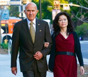 Former Los Angeles County Sheriff Lee Baca arrives with his wife at federal court in Los Angeles on Wednesday, March 15, 2017. (AP Photo/Nick Ut)
