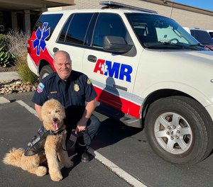 The 2-year-old dog — a mix of poodle and Golden retriever known as a Goldendoodle — routinely visits with American Medical Response paramedics and dispatchers after emergency calls, both at the company's Kearny Mesa office and near ambulance bays at local hospitals.